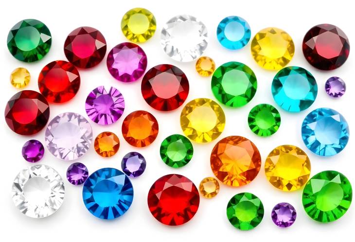 captivating gemstones, round and oval shapes, colorful gems, isolated on white, vibrant colors, luxu